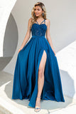 Blue Lightweight Split Lace Formal Dress