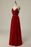 Burgundy Long Appliqued Bridesmaid Chiffon Dress
