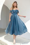Princess A-Line Off-the-Shoulder Grey Blue Party Dress