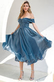 Princess A-Line Off-the-Shoulder Grey Blue Party Dress