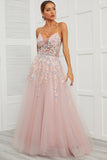 Spaghetti Straps Pink Tulle Ball Dress