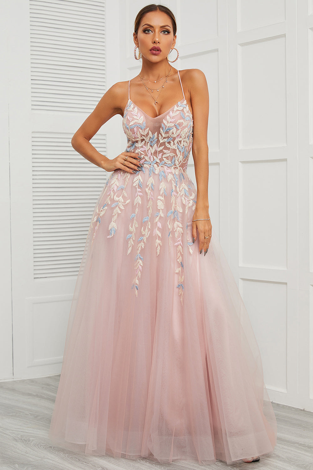 Spaghetti Straps Pink Tulle Ball Dress