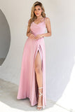 Simple Blush Spaghetti Straps Cowl-Neck Long Bridesmaid Dress
