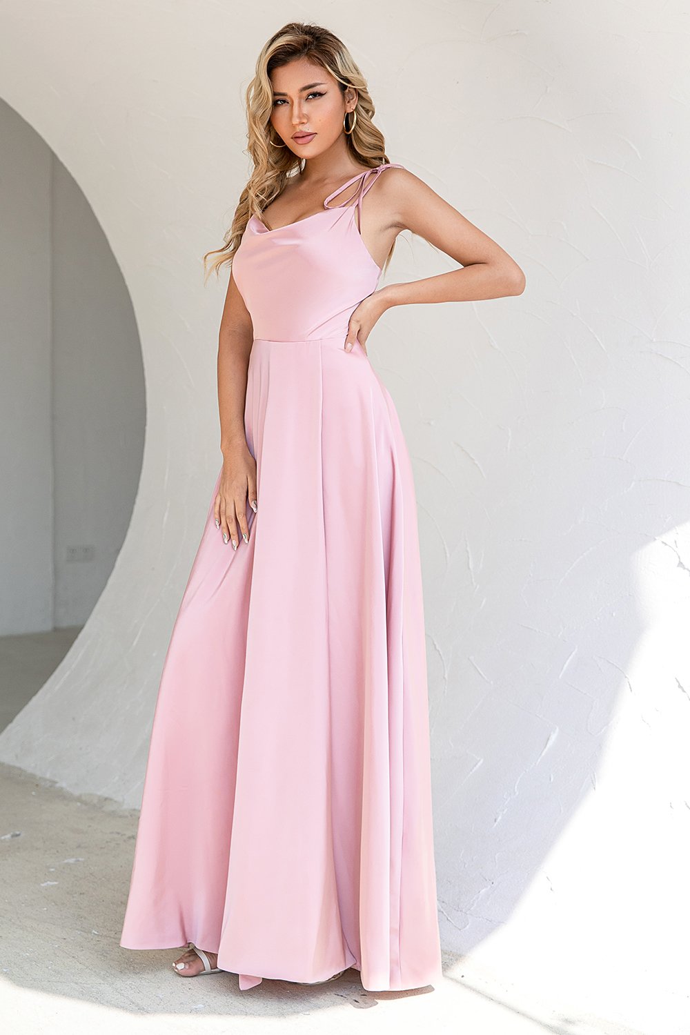 Simple Blush Spaghetti Straps Cowl-Neck Long Bridesmaid Dress