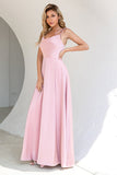 Simple Blush Spaghetti Straps Cowl-Neck Long Bridesmaid Dress