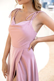 Simple Blush Spaghetti Straps Cowl-Neck Long Bridesmaid Dress