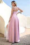 Simple Blush Spaghetti Straps Cowl-Neck Long Bridesmaid Dress