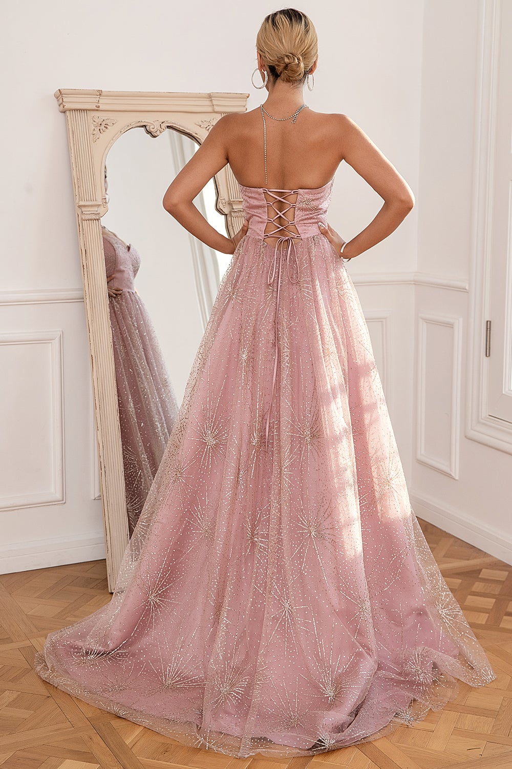 Glitter Blush Long Ball Dress with Slit