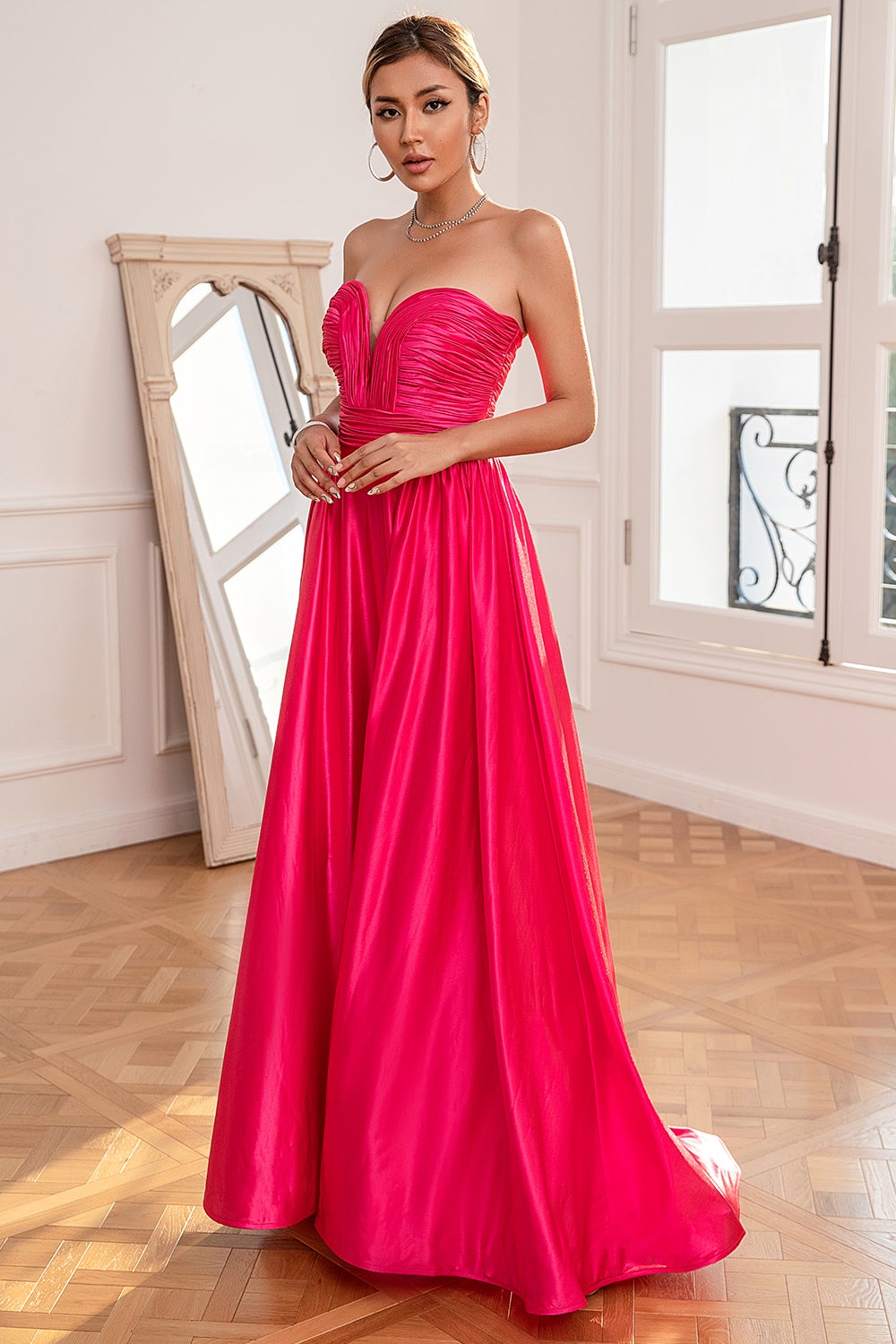 Fuchsia Strapless Ball Dress with Slit