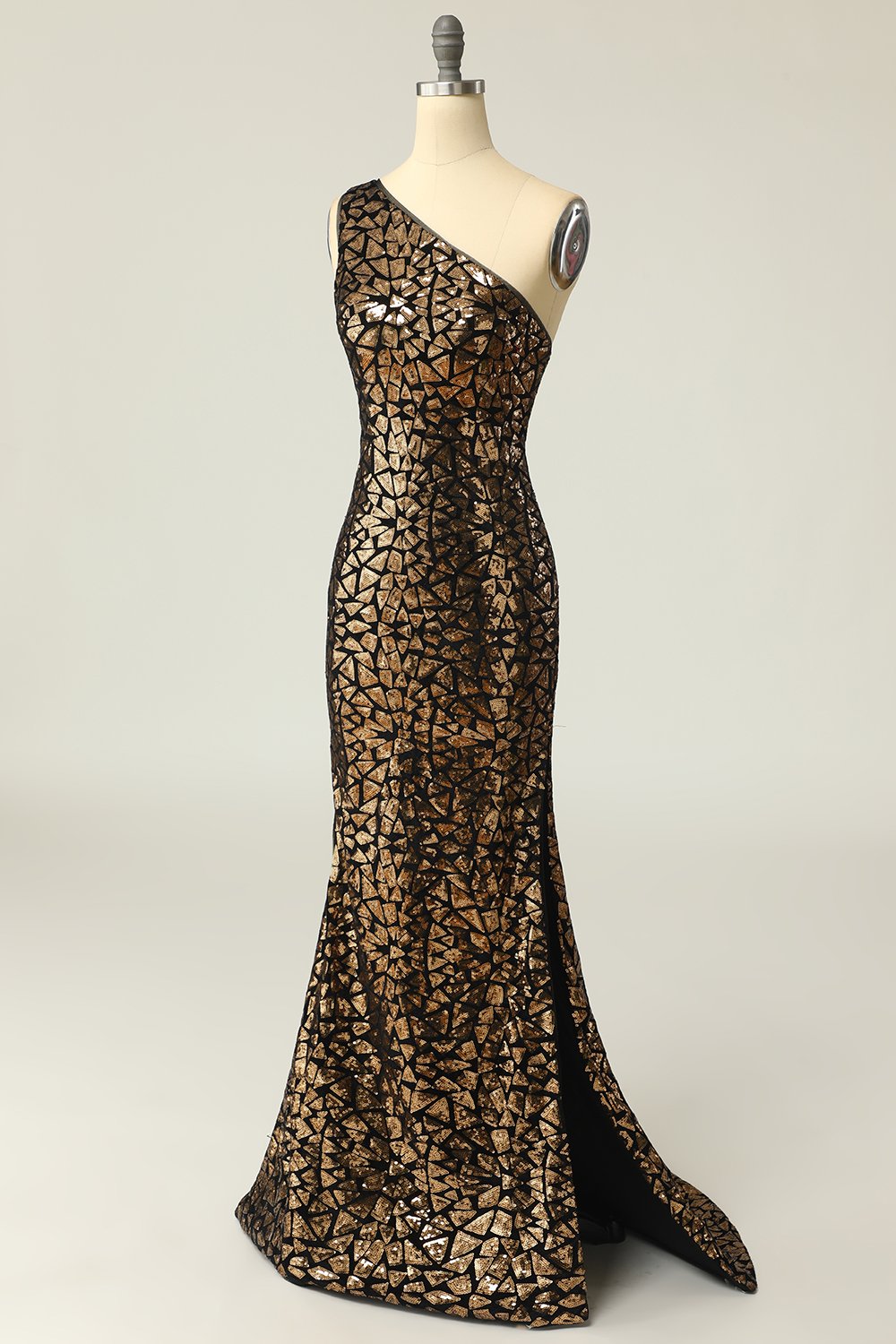 Mermaid One-Shouler Dark Gold Sequins Ball Dress