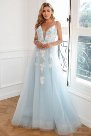 Light Blue Appliques Tulle Ball Dress