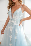 Light Blue Appliques Tulle Ball Dress