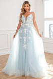 Light Blue Appliques Tulle Ball Dress