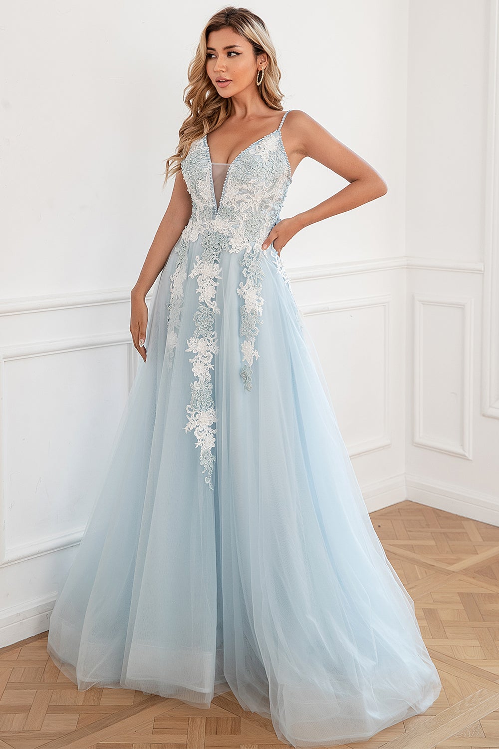 Light Blue Appliques Tulle Ball Dress