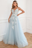 Light Blue Appliques Tulle Ball Dress