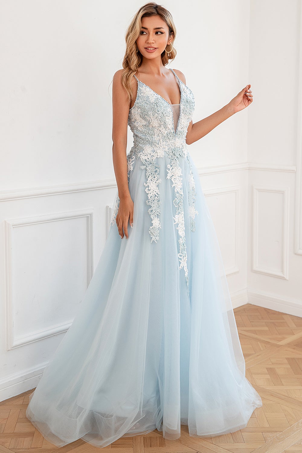 Light Blue Appliques Tulle Ball Dress