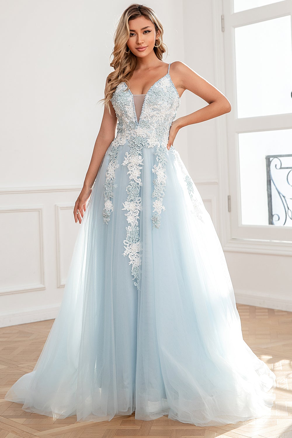 Light Blue Appliques Tulle Ball Dress
