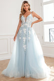 Light Blue Appliques Tulle Ball Dress