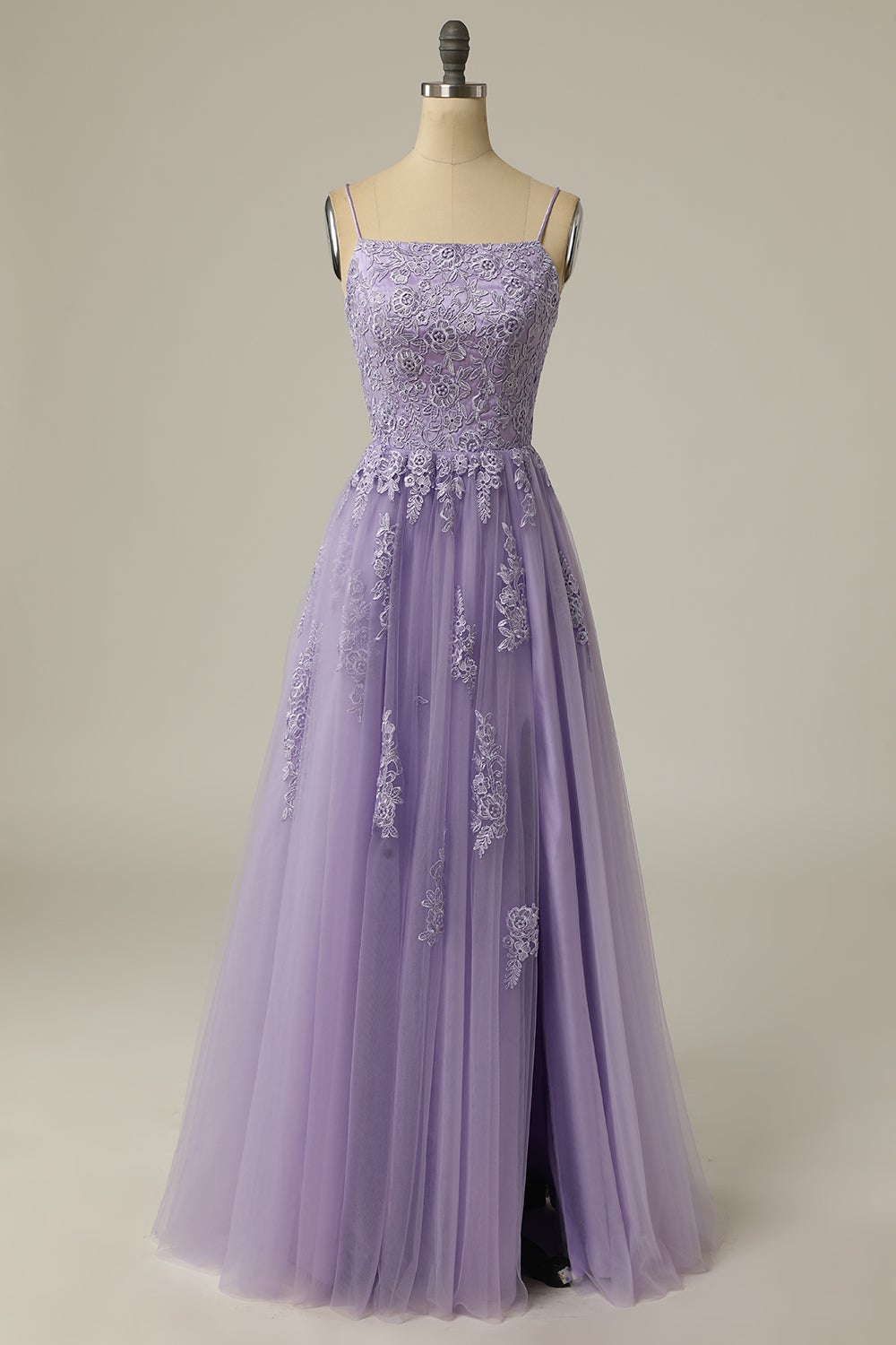 Light Purple A Line Long Sleeveless Ball Dress with Split Appliques