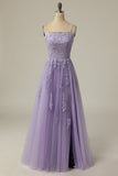 Light Purple A Line Long Sleeveless Ball Dress with Split Appliques