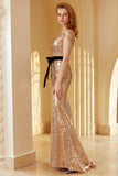 Champagne Sequined Off Shoulder Evening Dress