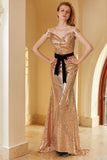Champagne Sequined Off Shoulder Evening Dress