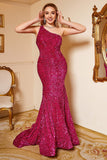 Mermaid One Shoulder Fuchsia Sequins Plus Size Ball Dress with Sweep Train