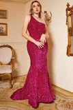 Mermaid One Shoulder Fuchsia Sequins Plus Size Ball Dress with Sweep Train