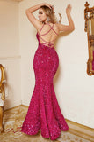 Fuchsia Sequin Mermaid Plus Size Ball Dress with with Sweep Train