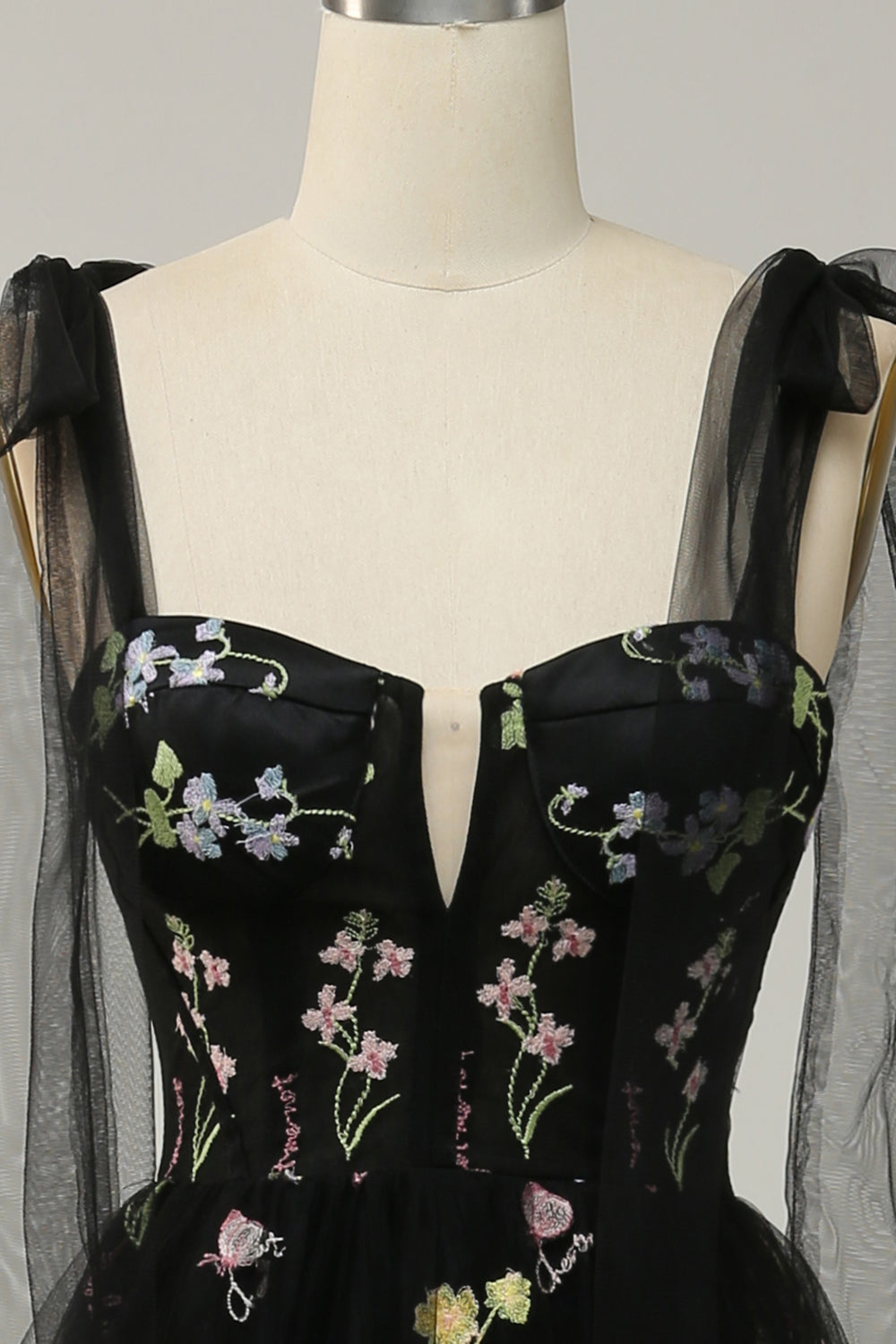 Grey Blue A Line Corset Long Tulle Ball Dress with Embroidered Floral