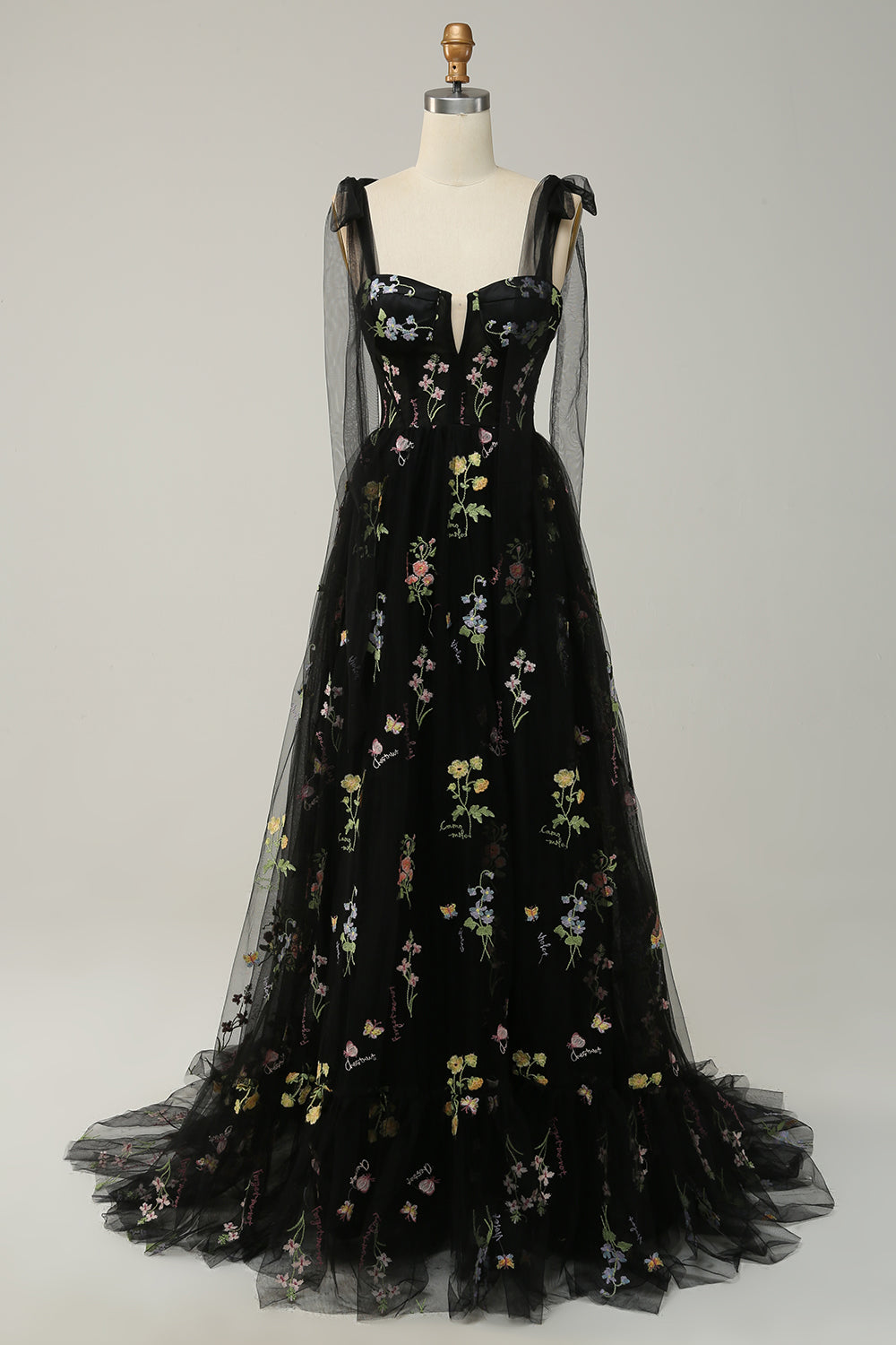 Black A Line Spaghetti Straps Corset Long Ball Dress with Embroidered Floral