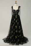 Black A Line Spaghetti Straps Corset Long Ball Dress with Embroidered Floral