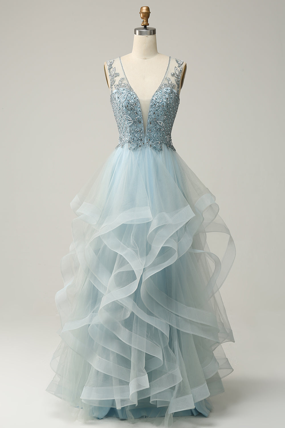 A Line Deep V Neck Light Blue Long Ball Dress with Appliques