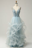 A Line Deep V Neck Light Blue Long Ball Dress with Appliques