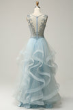 A Line Deep V Neck Light Blue Long Ball Dress with Appliques
