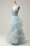 A Line Deep V Neck Light Blue Long Ball Dress with Appliques