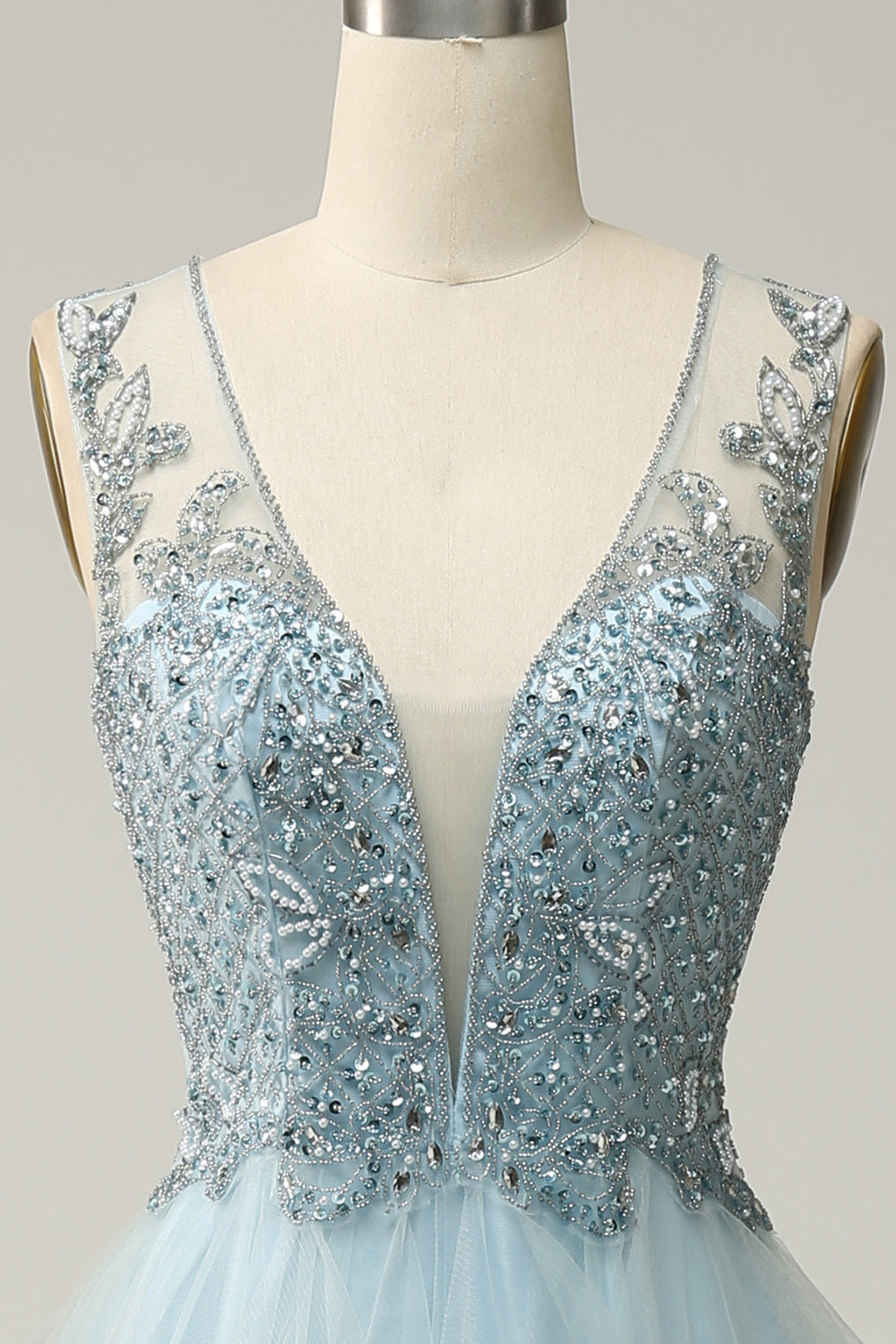 A Line Deep V Neck Light Blue Long Ball Dress with Appliques