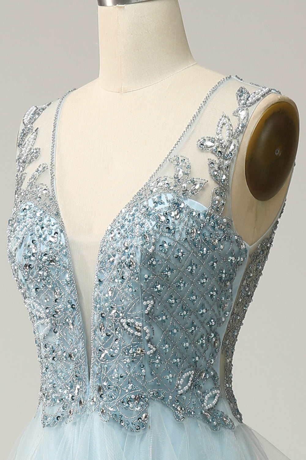A Line Deep V Neck Light Blue Long Ball Dress with Appliques