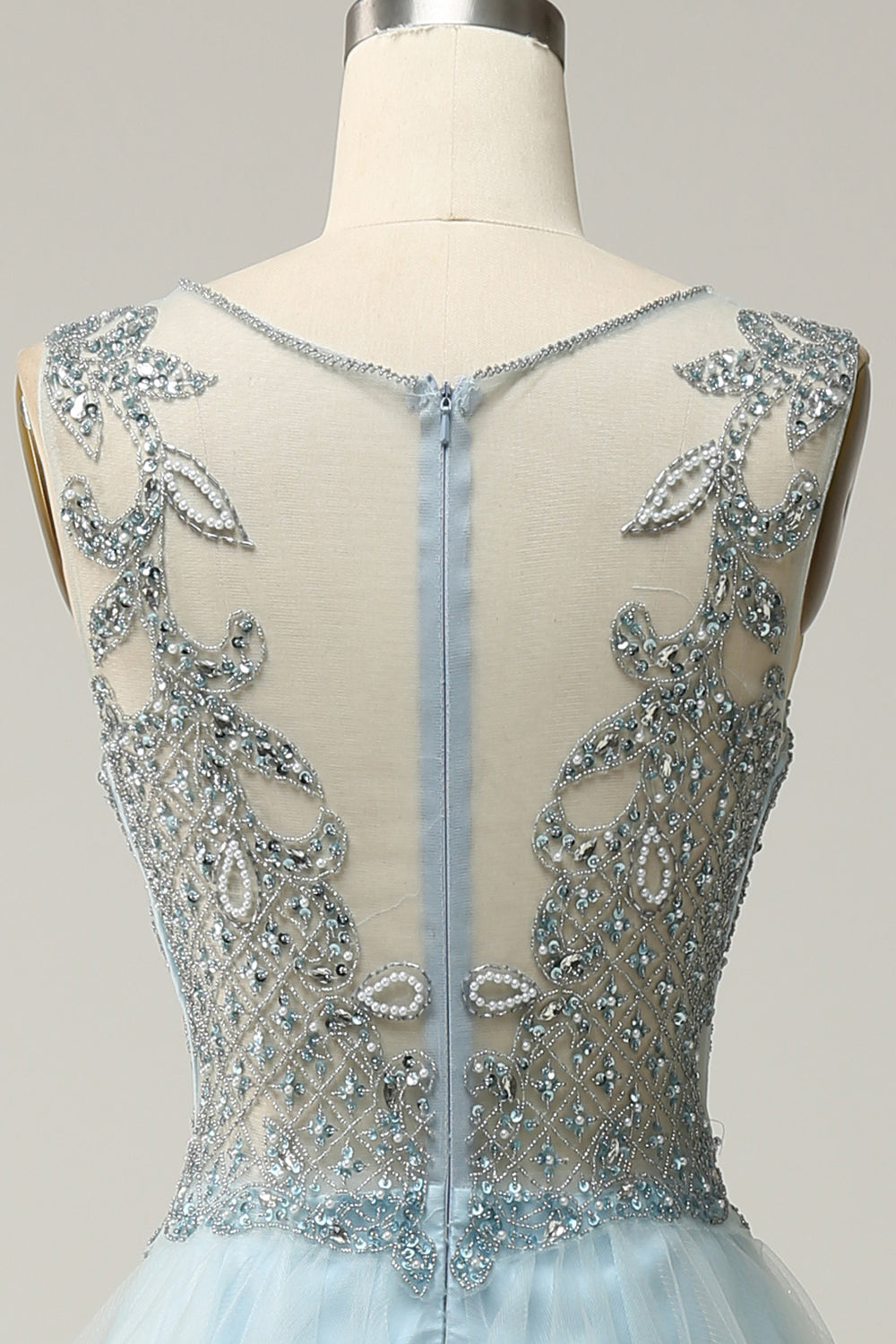 A Line Deep V Neck Light Blue Long Ball Dress with Appliques