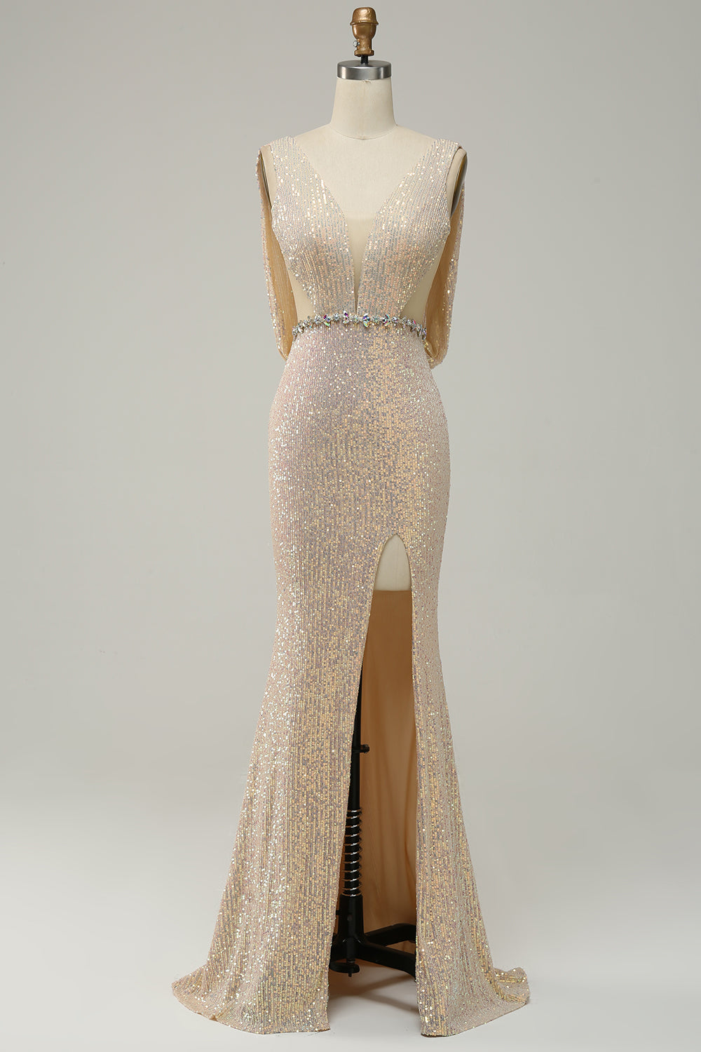 Sheath Deep V Neck Champagne Sequins Long Ball Dress with Split Front