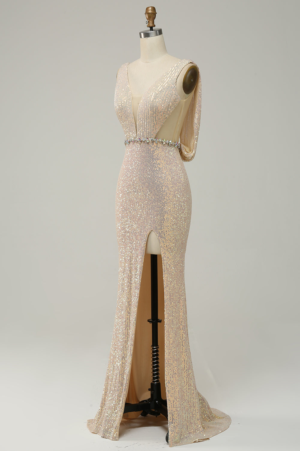 Sheath Deep V Neck Champagne Sequins Long Ball Dress with Split Front