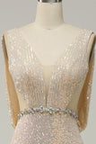 Sheath Deep V Neck Champagne Sequins Long Ball Dress with Split Front