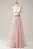 A Line Spaghetti Straps Pink Long Ball Dress with Beading