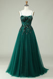 A Line Spaghetti Straps Dark Green Corset Ball Dress with Appliques