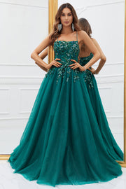 Sparkly Dark Green Tulle Long Ball Dress with Appliques