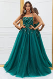 Sparkly Dark Green Tulle Long Ball Dress with Appliques