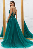 Sparkly Dark Green Tulle Long Ball Dress with Appliques