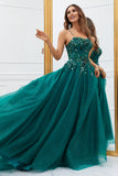 Sparkly Dark Green Tulle Long Ball Dress with Appliques
