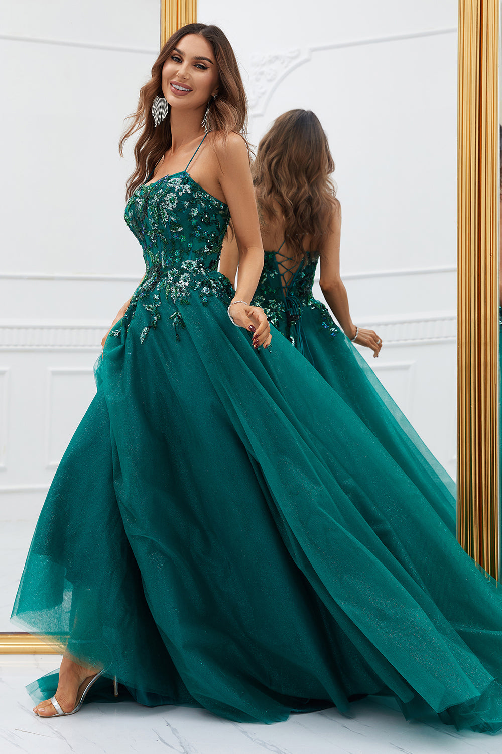 Sparkly Dark Green Tulle Long Ball Dress with Appliques