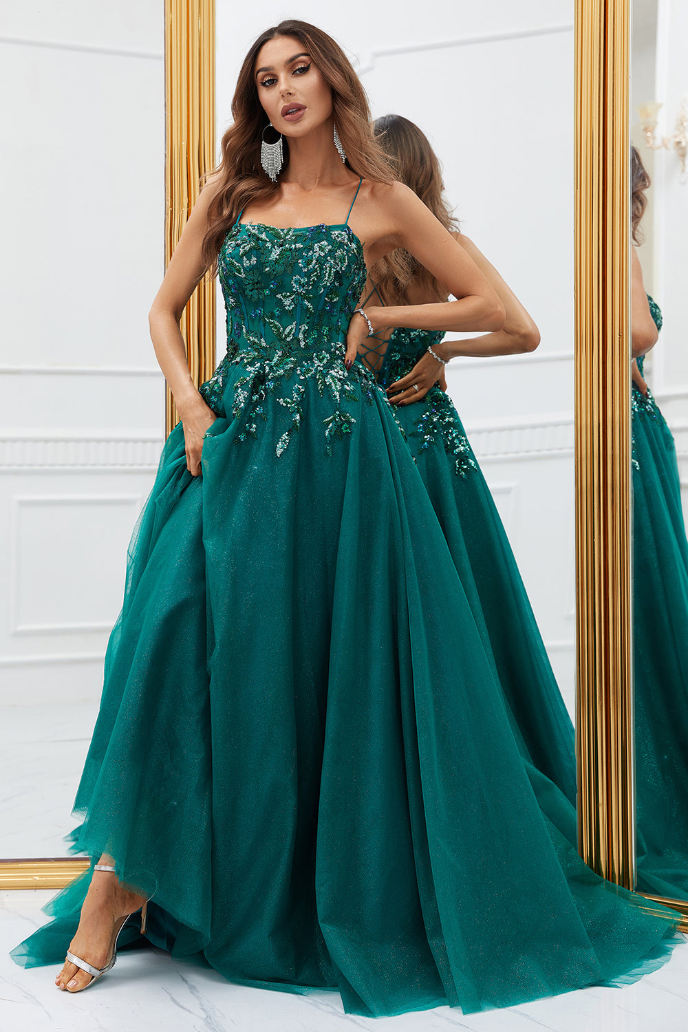 Sparkly Dark Green Tulle Long Ball Dress with Appliques